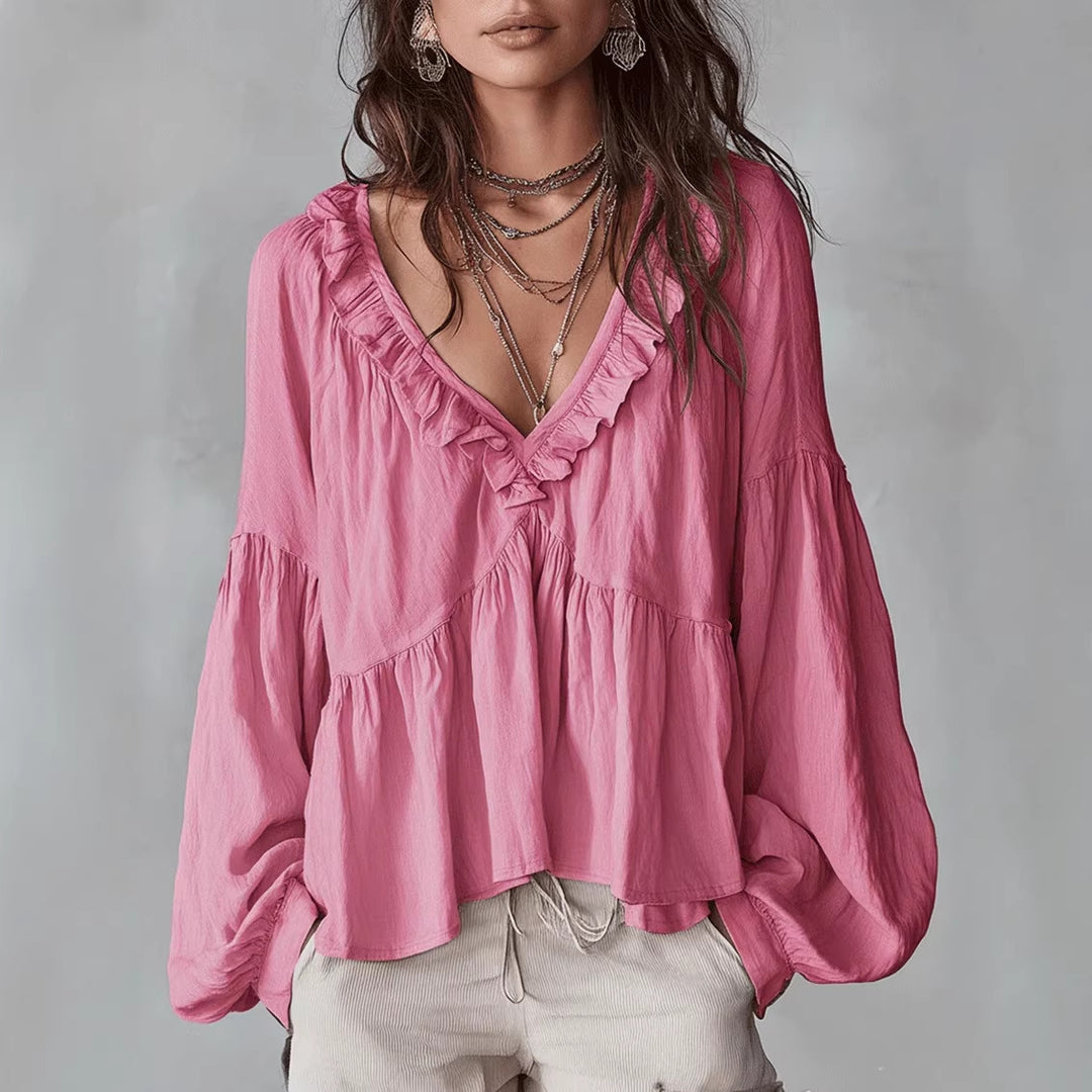 Women's Flowy Top with Ruched Detail and V-Neck Skirt