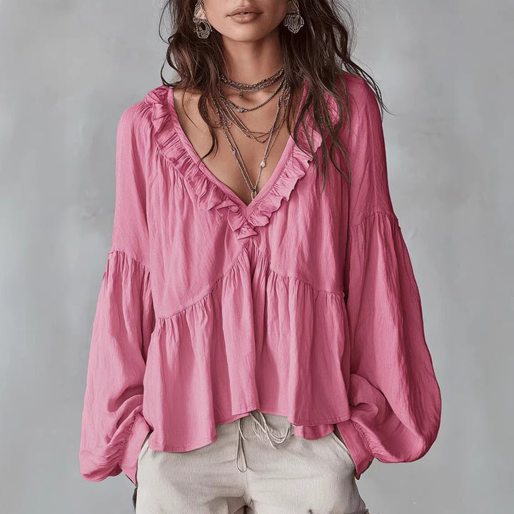 Women's Flowy Top with Ruched Detail and V-Neck Skirt