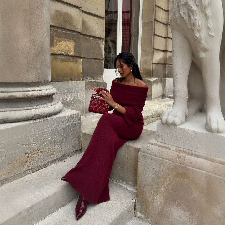 Damer Elegant Strikk Maxi Kjole med Off-Shoulder Design og Lange Ermer Skjora