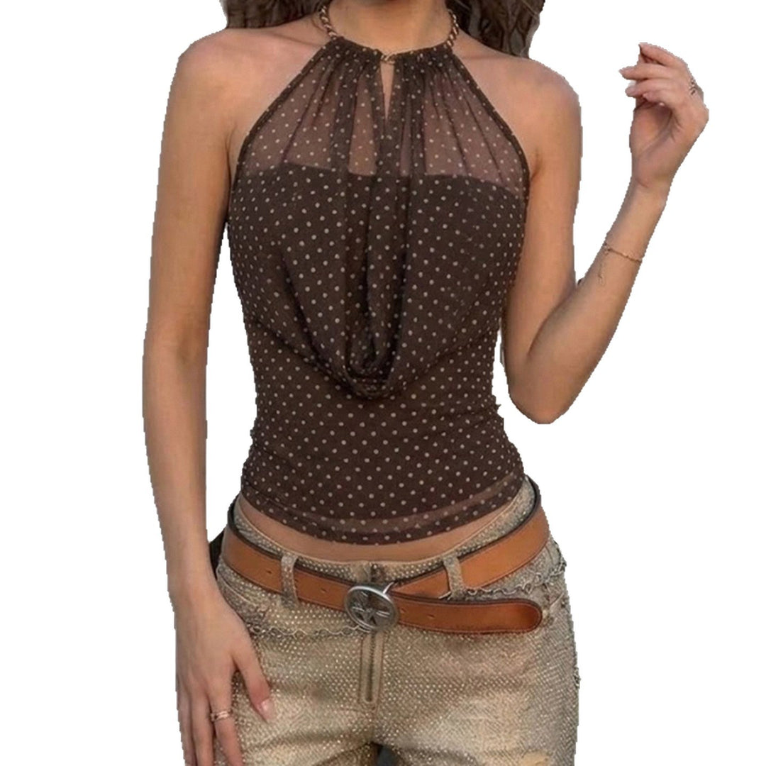 Dame Elegant Halterneck-Topp med transparente aksenter og lekent prikkemønster Skjora