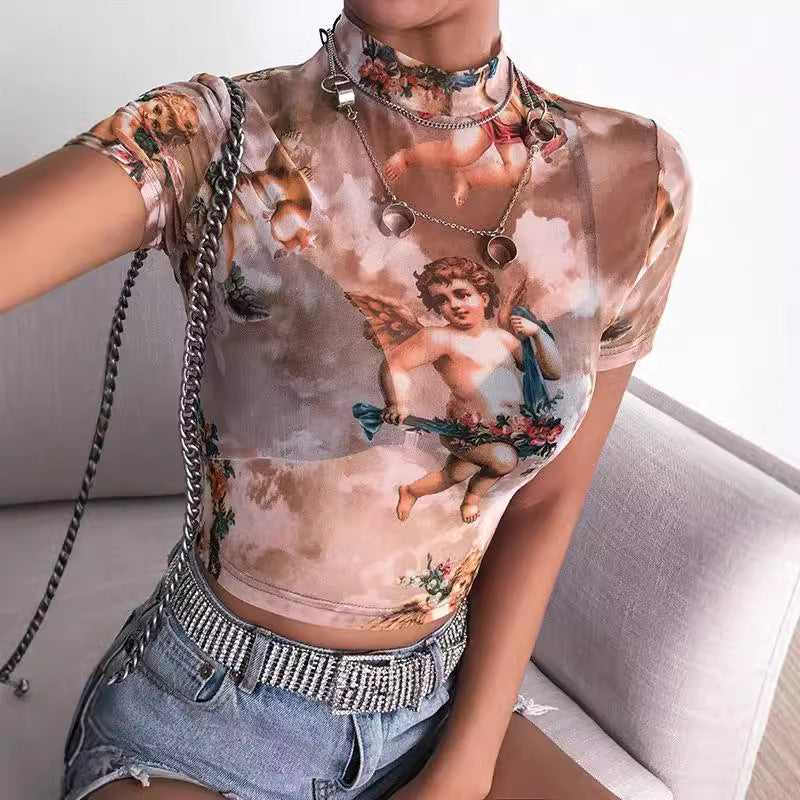 Damer Høyhalset Crop-Top med romantiske engelmotiver Skjora