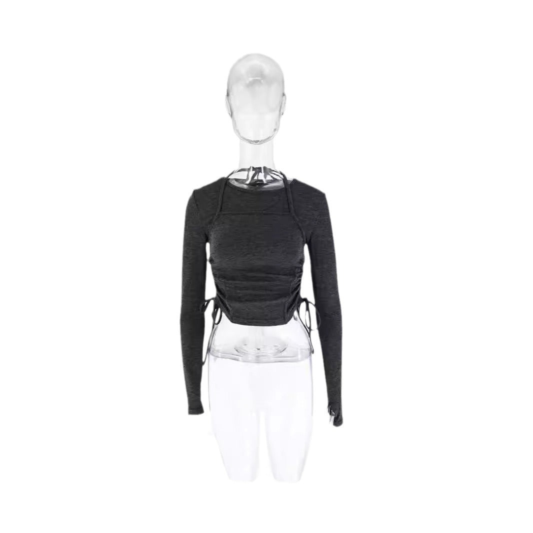 Damen Langerm Crop-Top med justerbar snor Skjora