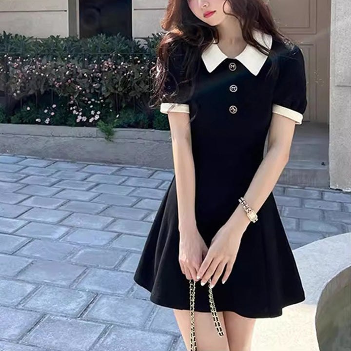Women's Short-Sleeve Polo Dress with Button Details and Contrast Collar