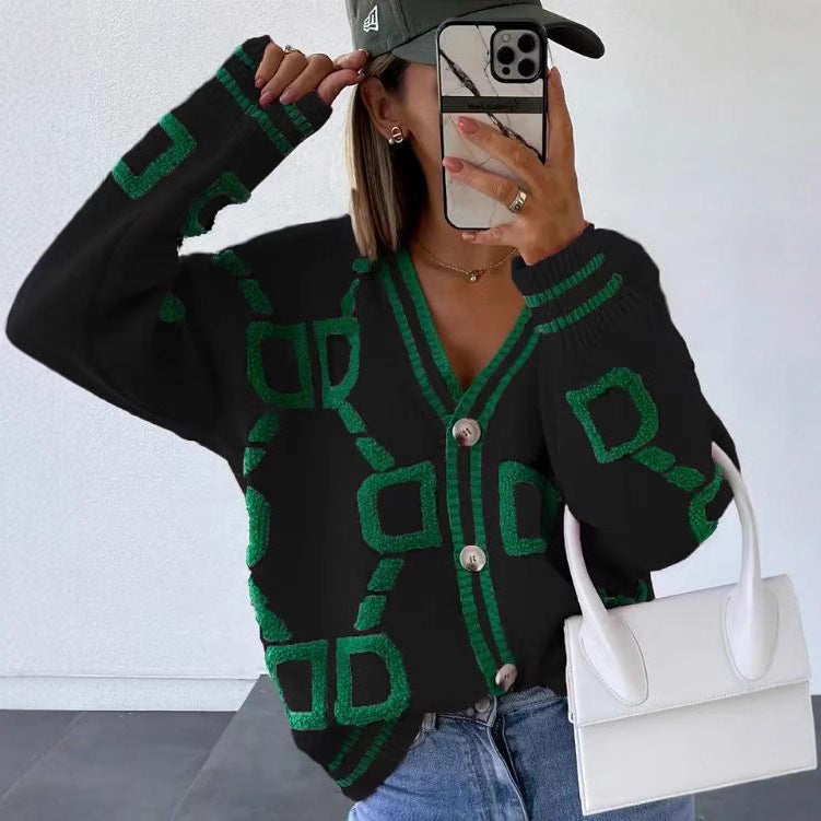 Kvinnens stilige cardigan med unikt geometrisk mønster og trendy knappestolpe Skjora