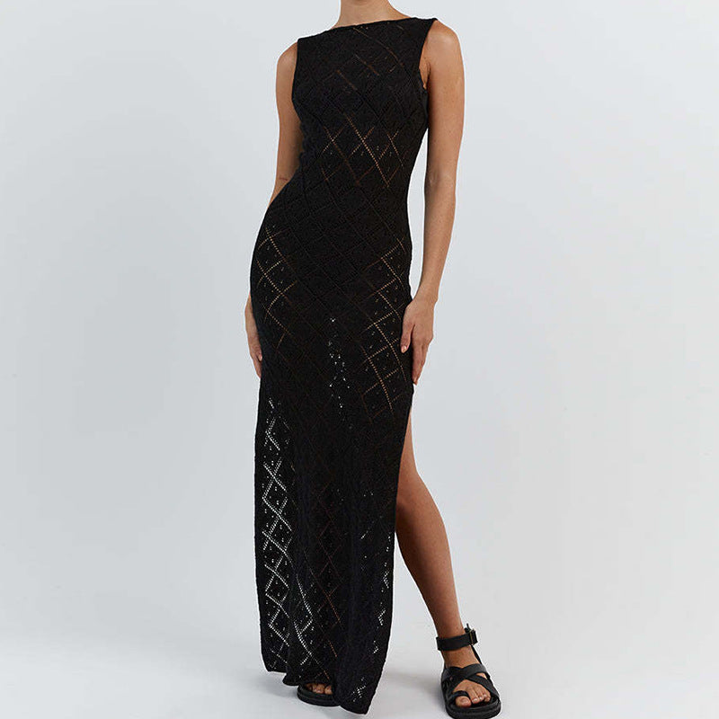 Damen Häkelkleid mit kreativem Rautenmuster und ärmellosem Schnitt Skjora