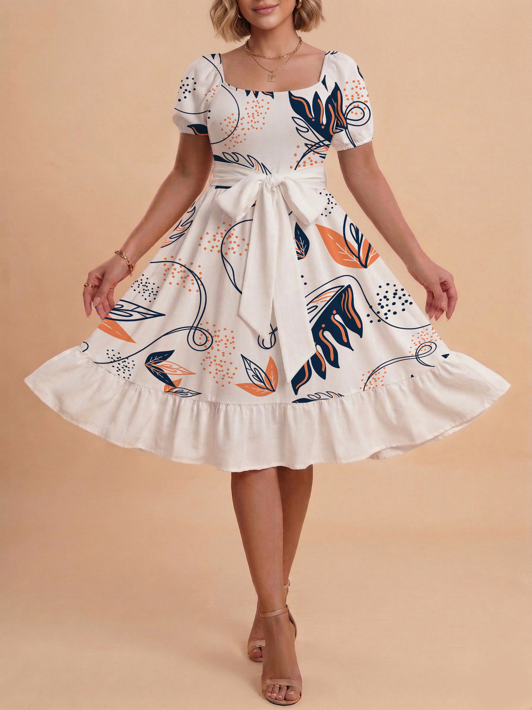 Damen Sommerliches Blumenkleid mit taillierbarem Gürtel und voluminösen Ärmeln Skjora