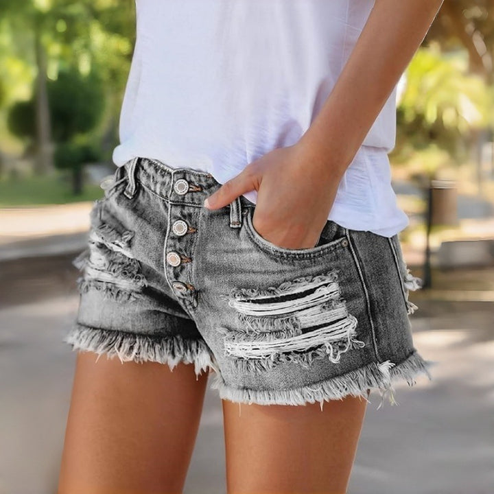 Dame Jeans-Shorts med franje og ødelagte effekter Skjora