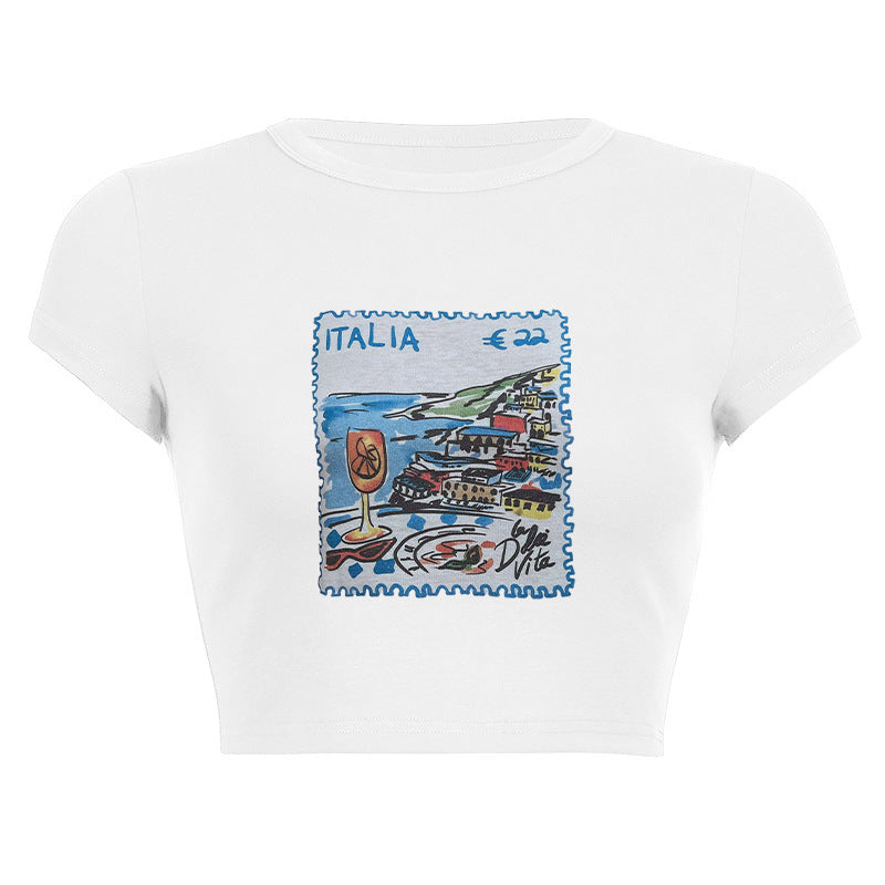 Dame ermeløs tanktop med kreativt postkortmotiv Skjora