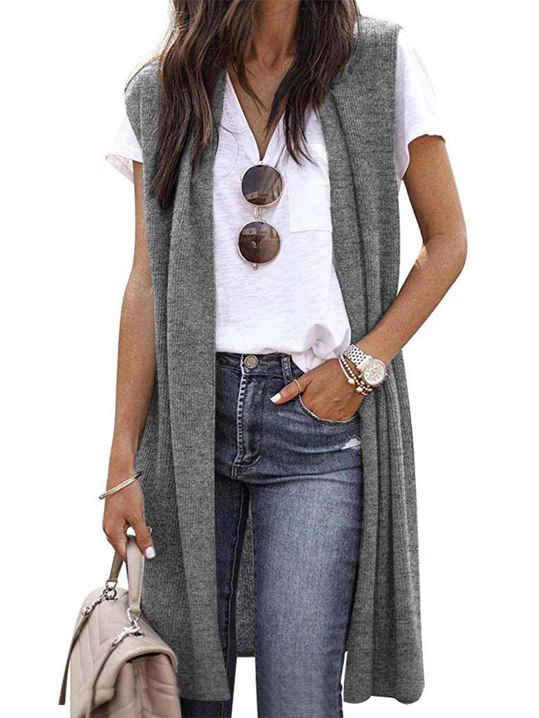 Dames Elegant Lang Strikket Vest i Uformell Stil
