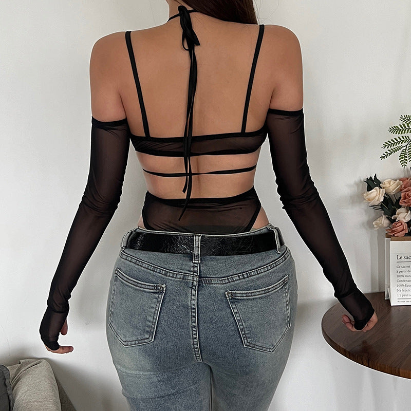 Dame one-piece bodysuit med elegant spissdekorasjon og transparent utseende Skjora