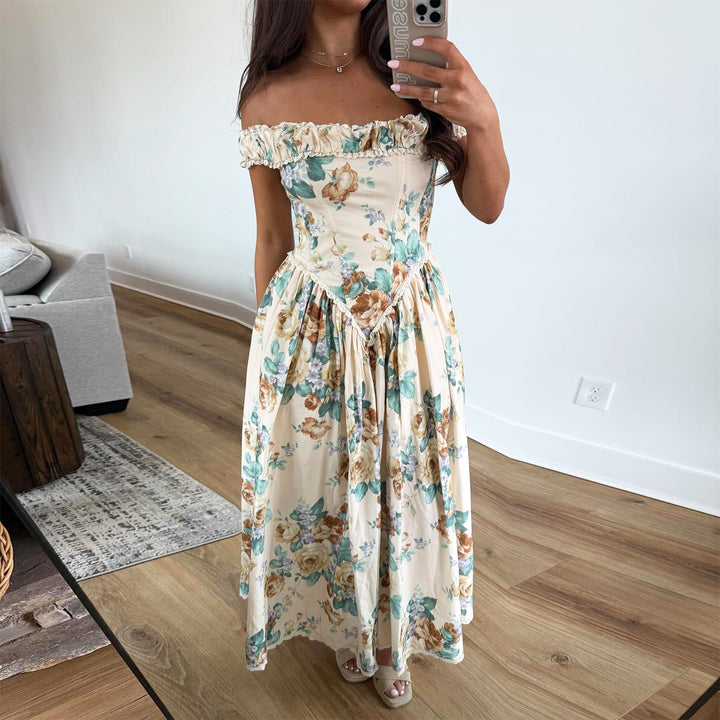 Kvinner Off-Shoulder Maxi Kjole med Blomsterdetaljer og Samlet Top