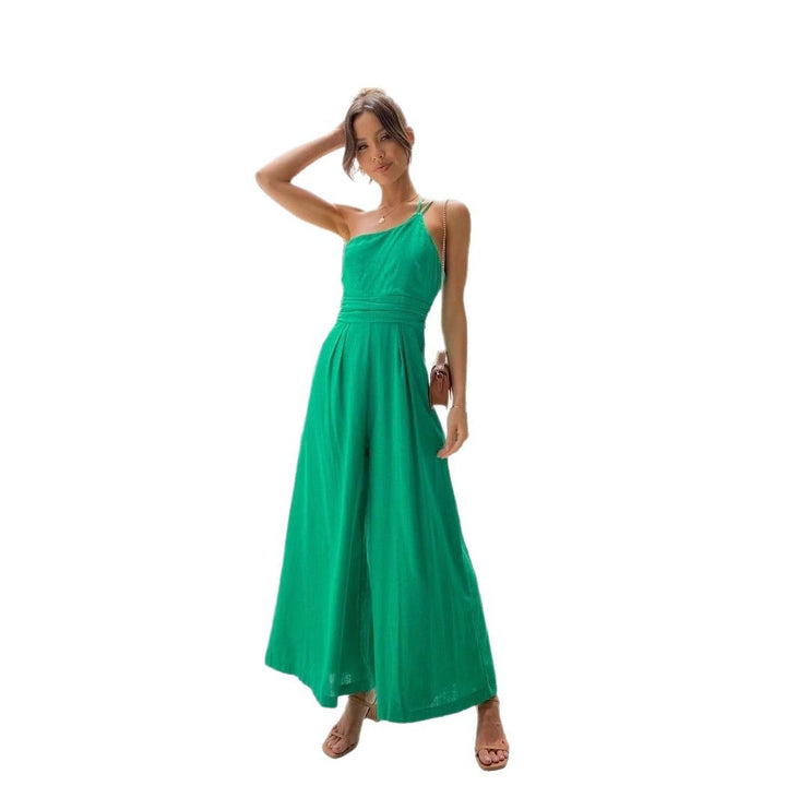 Dame jumpsuit i moderne omslagdesign med bred ben og av-shoulder cut