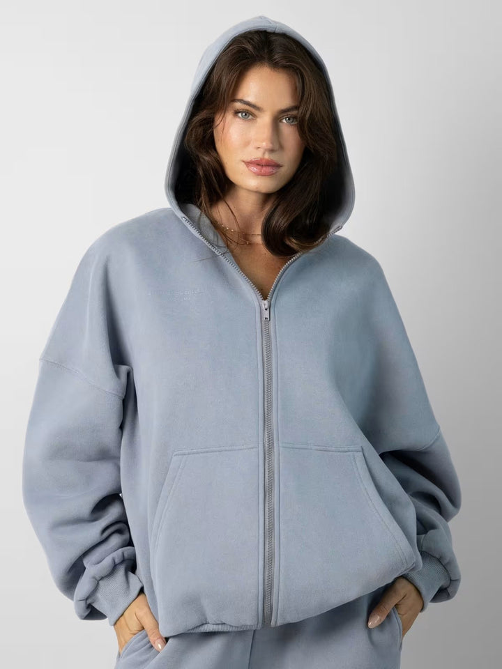 Kvinnenes casual fleece hettegenser og joggebukse-sett med glidelås og praktiske lommer