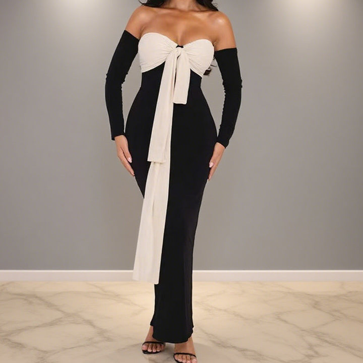 Damer Elegant Off-Shoulder Maxikjole med dekorativ knute og lange ermer Skjora