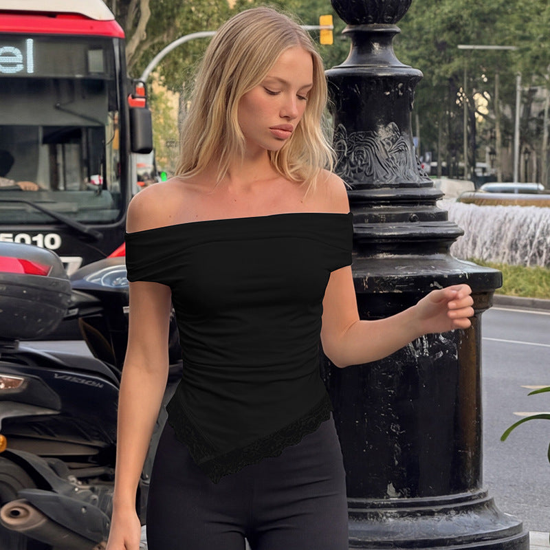 Damer Off-Shoulder topp med filigran spissdetalj og avslappet snitt Skjora