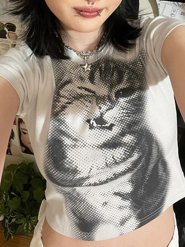 Dame Crop-T-skjorte med kreativt kattmotiv Skjora