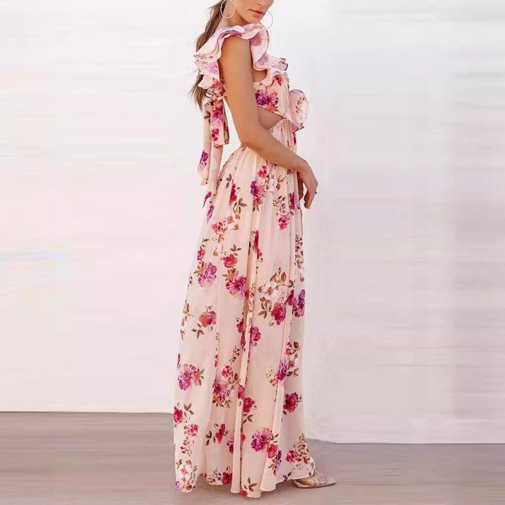 Kvinnelig Elegant Maxi Kjole med Volangdetaljer og Blomsterdesign