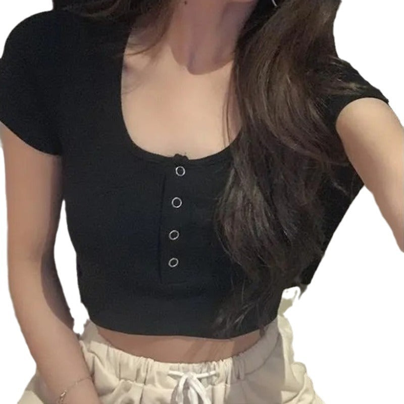 Dame Crop Top T-skjorte med knappestolpe og elastisk midje