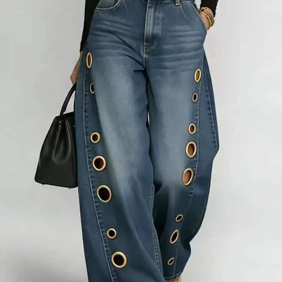 Kvinnenes vide jeans med dekorative øyler og høy midje Skjora