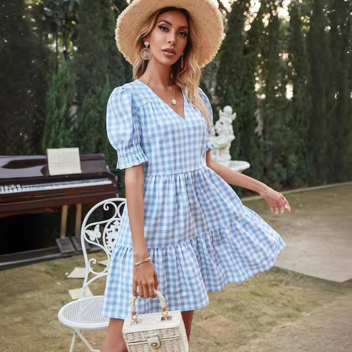 Dame Gingham-kjole med volanger og pufferm WS