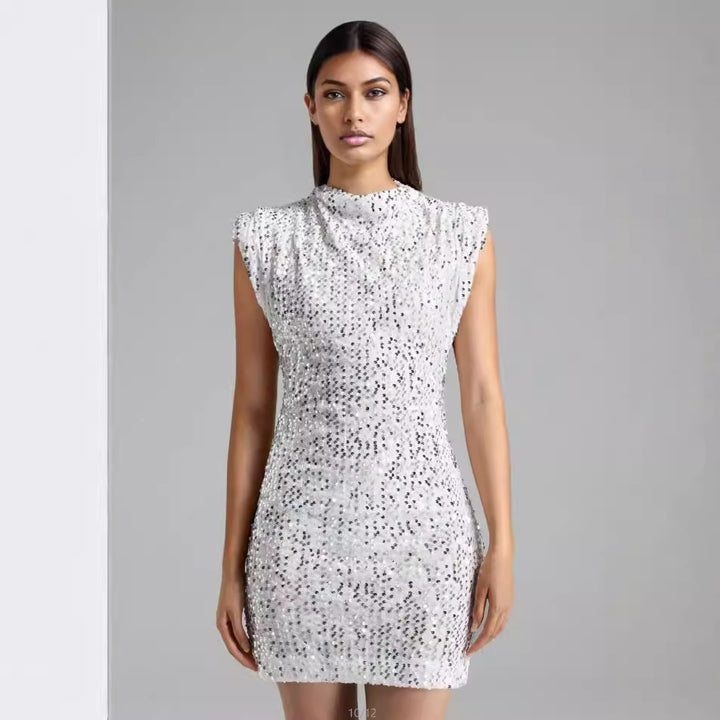 Kvinne Glitrende Mini Kjole med Elegant Stå-hals og Glitrende Paljetter Skjora