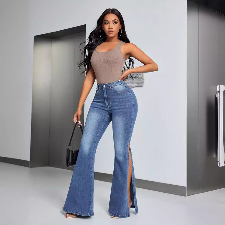 Kvinnelige elegante høydeivete slengjeans med sideskår Skjora