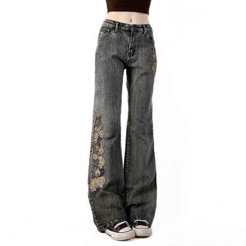 Dame Flared Jeans med blomstermotiv Skjora