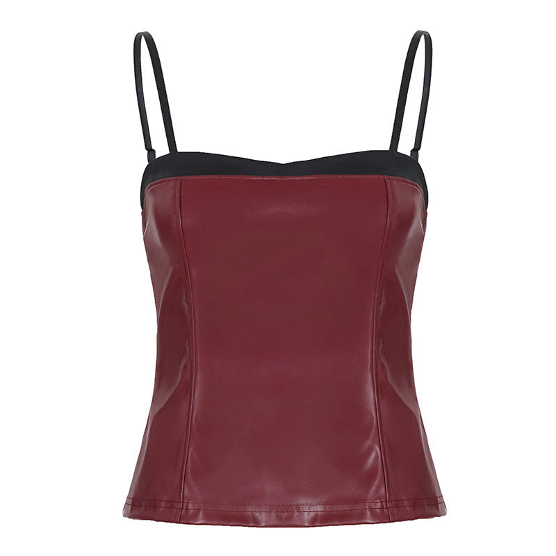 Dame-Crop-Top laget av kunstskinn med raffinerte stropper Skjora