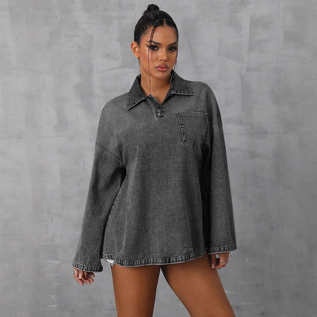Kvinnelig oversized denimbluse med praktisk glidelås og avslappet krage Skjora