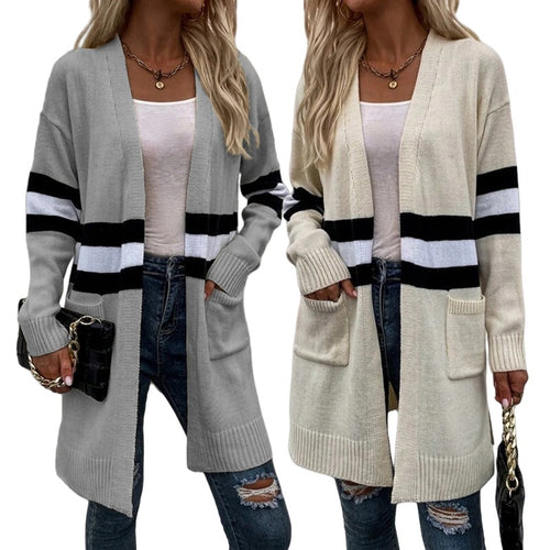 Kvinnes chunky strikket cardigan med avslappede striper og dype lommer Skjora