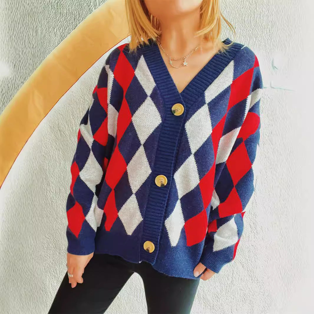 Damer mønstrete cardigan i moderne diamantdesign med store knapper Skjora