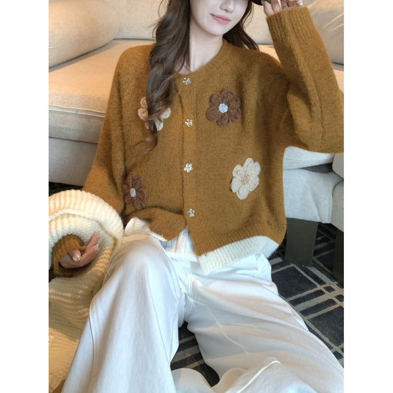Damer Cozy Cardigan med Blomst Applikasjoner Skjora