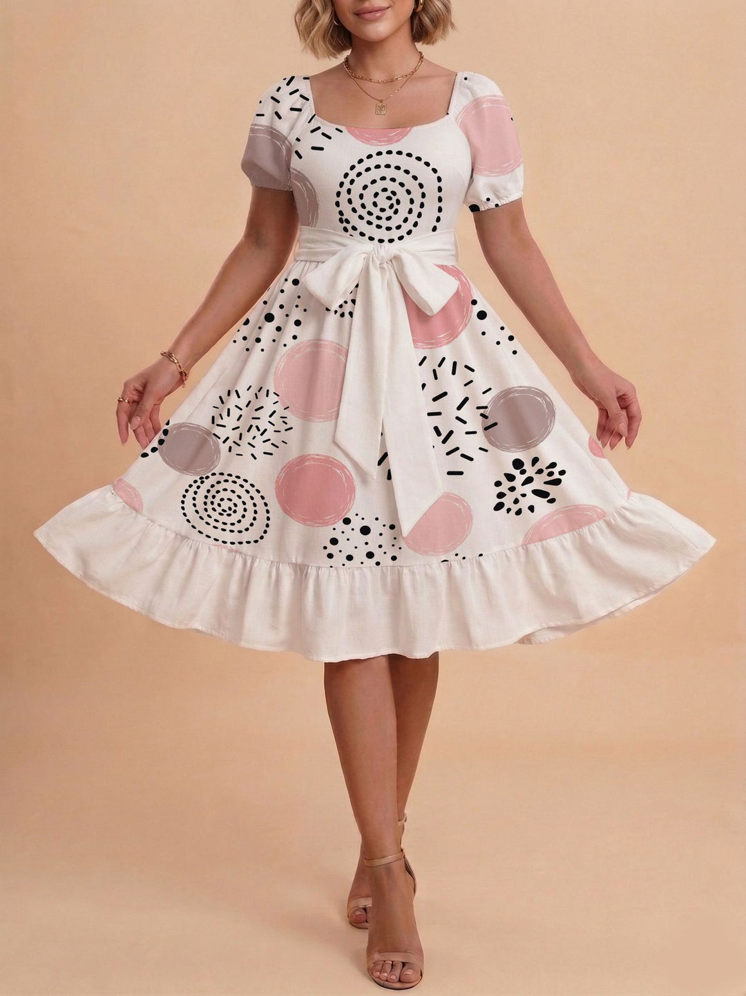 Damen Verspieltes Maxikleid mit Bärenmuster und taillierbarem Band Skjora