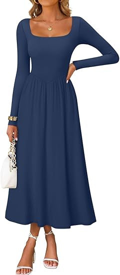 Women's elegant midi dress with square neckline and long sleeves Skjora