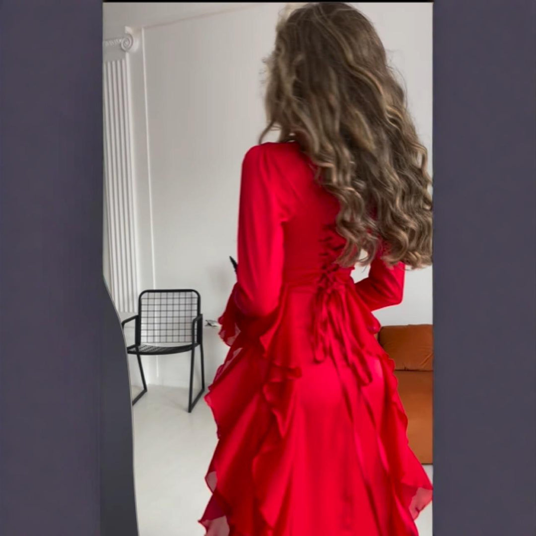 Damer Elegant Maxi Kjole med Voluminøse Volanger og Skinnende Finish