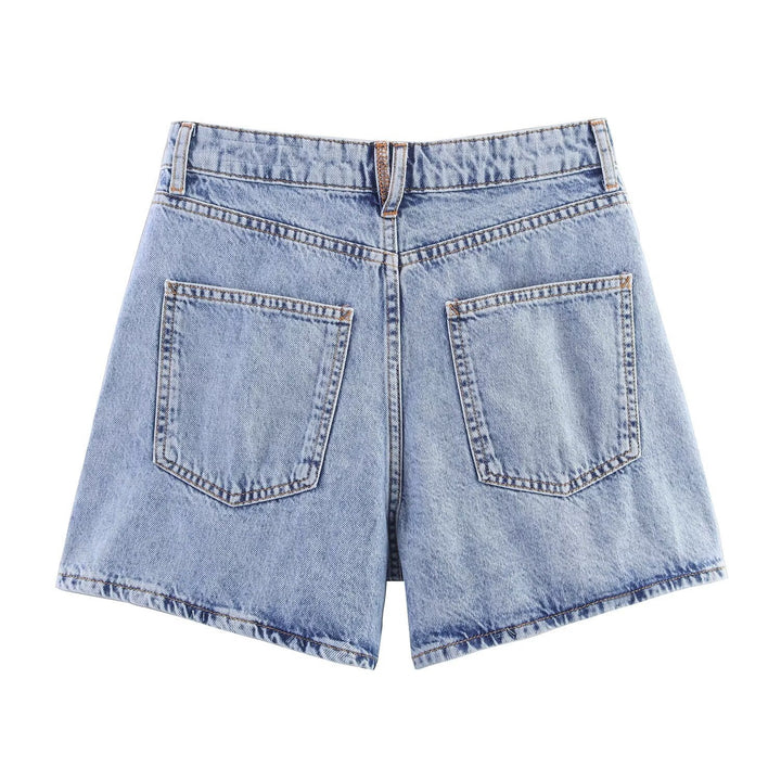 Dame jeansshorts i avslappet vintage-stil med høy midje og sidelommer Skjora