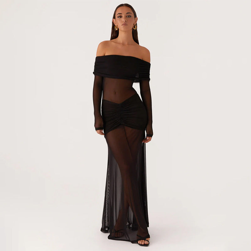 Damer gjennomsiktig maxikjole med off-shoulder design og volanger Skjora