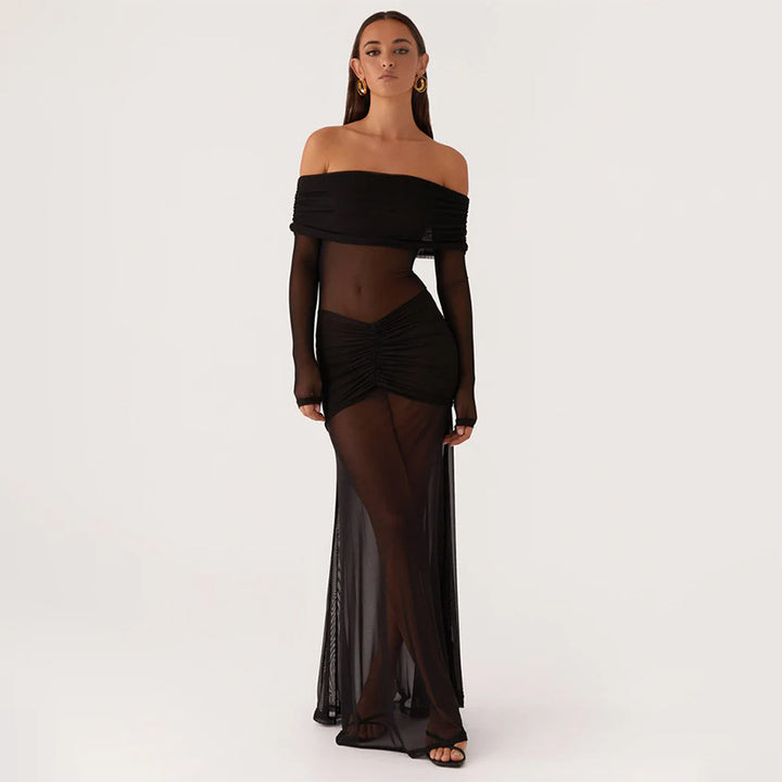 Damer gjennomsiktig maxikjole med off-shoulder design og volanger Skjora
