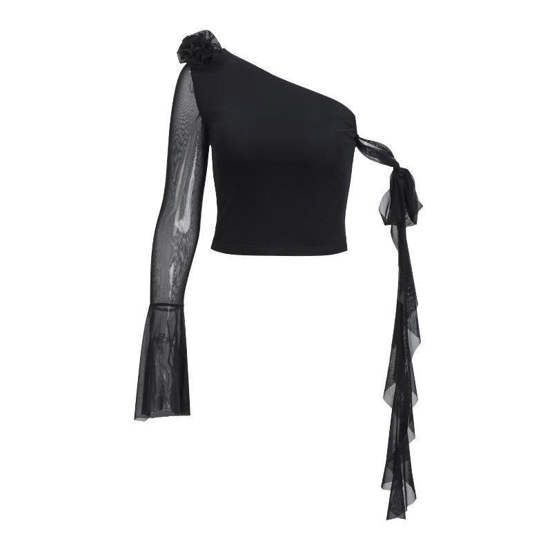 Dame Off-Shoulder topp med gjennomsiktige ermer og dekorative detaljer Skjora