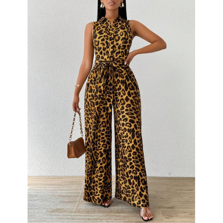 Dame Jumpsuit med leopardmønster og midjebeltet Skjora
