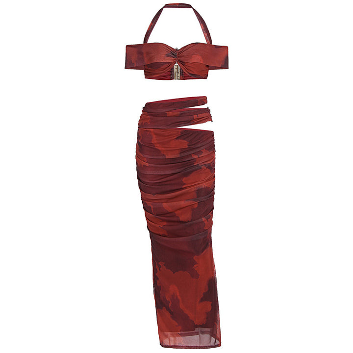 Dame Crop-Top og Maxi-Rock Sett med raffinert volang-design Skjora
