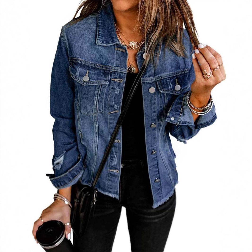 Dames casual denimjakke med slitt detaljer og klassisk snitt Skjora