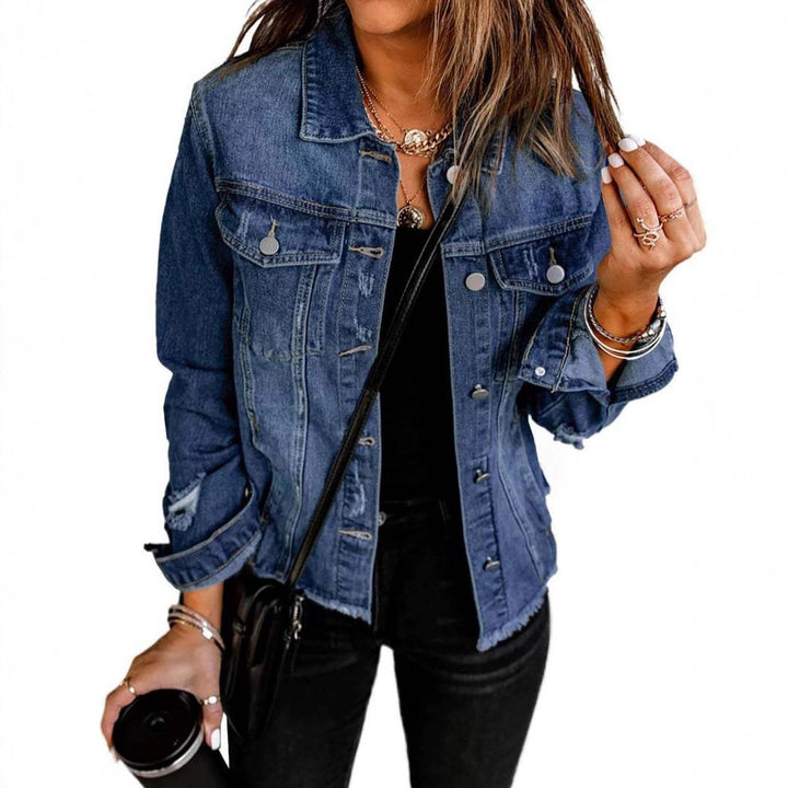 Dames casual denimjakke med slitt detaljer og klassisk snitt Skjora