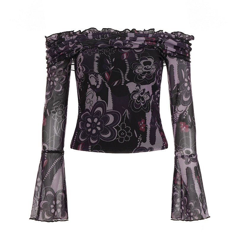 Dame Off-Shoulder topp med voluminøse ermer og blomsterdesign Skjora