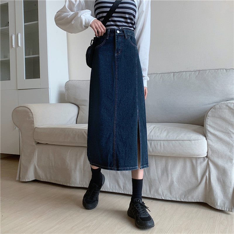 Dame lang denim skjørt med sidedeling Skjora