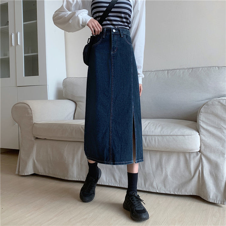 Dame lang denim skjørt med sidedeling Skjora