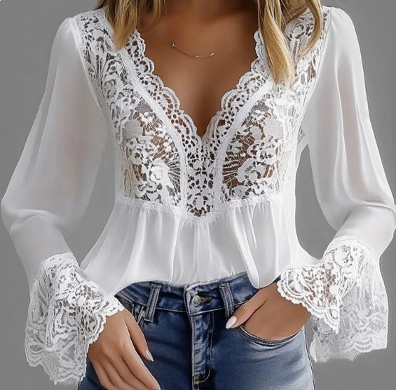 Dame elegant bluse med spissdetaljer og rynket kant Skjora