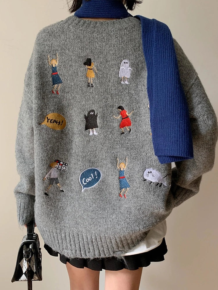 Kvinnes chunky strikkegenser med unik broderi Skjora
