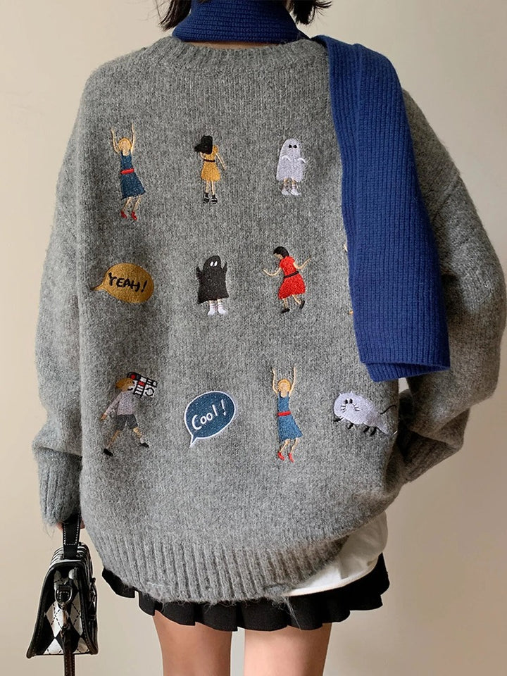Kvinnes chunky strikkegenser med unik broderi Skjora