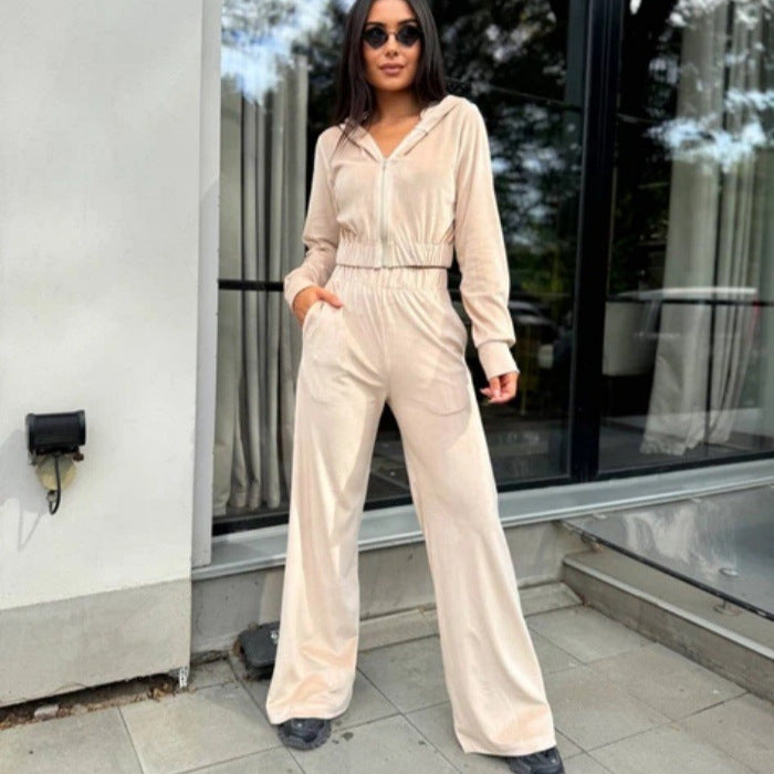 Kvinners sporty velour loungewear-set med hette og elastisk midjebånd Skjora